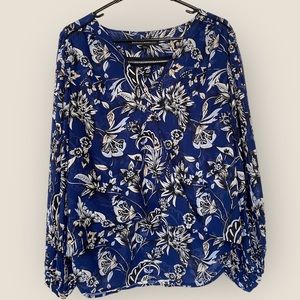 White House Black Market Blue Floral Blouse (Size 10)